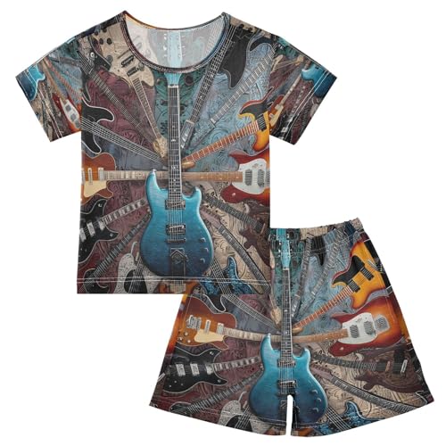ALAZA Electric Guitar Music 3d Stylish Pajamas Set Short Sleeve Cotton Sleepwear Summer Pjs 2 Piece 5-14Y