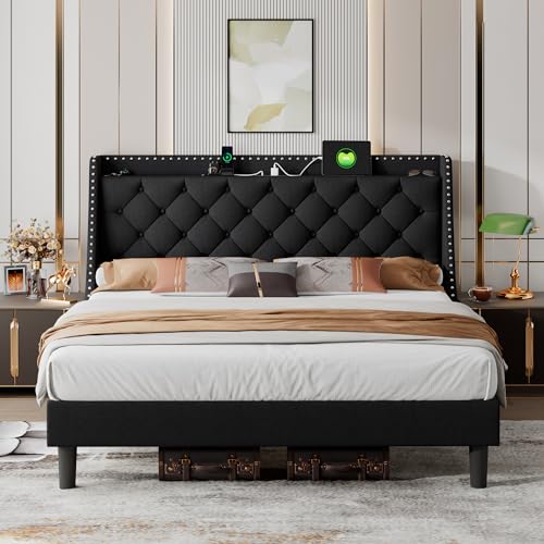 Image of iPormis King Bed Frame with 16" Comfort Wingback & Charging Station, Upholstered Platform Bed with Button Tufted Storage Headboard, Solid Wood Slats Support, No Box Spring Needed, Black
