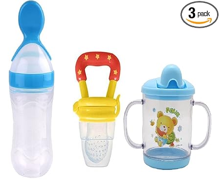 WAHHSON Combo of 3 Baby Safe Silicone Squeeze Fresh Food Feeder Bottle with Food Dispensing Spoon, Infant Food Nibbler Teething Toy Feeding Pacifier and Plastic Sipper Cup-240ml - Multi 4