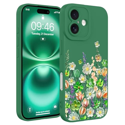 Image of Designed for iPhone 16 Case Floral for Women Girls, Green | Cute Oil Painting Flower Pattern Liquid Silicone Phone Case [Full Camera Protection] Slim Soft TPU Protective Cover
