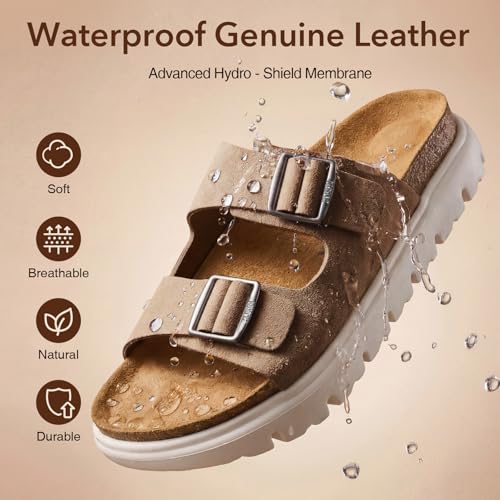 Image of ZURIN Genuine Leather Sandals for Women,Cork Footbed Slide Platform Sandals with Arch Support, Suede Double Buckle Slip On Slides for Summer Beach Walking Indoor Outdoor