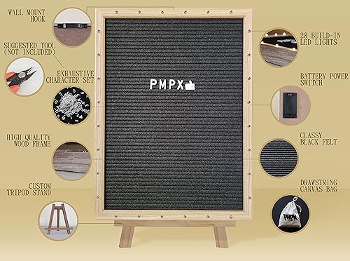 Letter Board THE ORIGINAL Black Felt Board with Stand, Built-in LED Lights 12 x 16 -Menu Board + Wood Frame, 690 Letters, Emojis + Cursive words - Custom Sign Messages