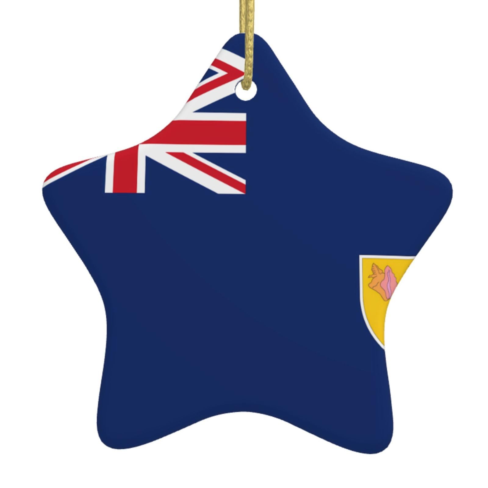 Flag of The Turks and Caicos Islands Christmas Ceramic Star Pendant with Punched Holes and Gold Wire Rope, Christmas Tree Home Decoration