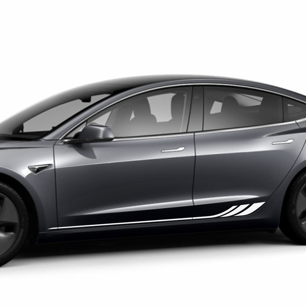 Car Racing Sport Hockey Stripes Decals Rocker Panel Door Side Skirt Body Stickers for Tesla Model 3 2017-2023 (Gloss White)