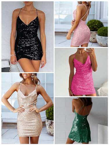 Image of MIYIEONZ Women's Sequin Sparkly Glitter Dress Sexy Sleeveless Backless Spaghetti Strap Party Club Bodycon Mini Dress