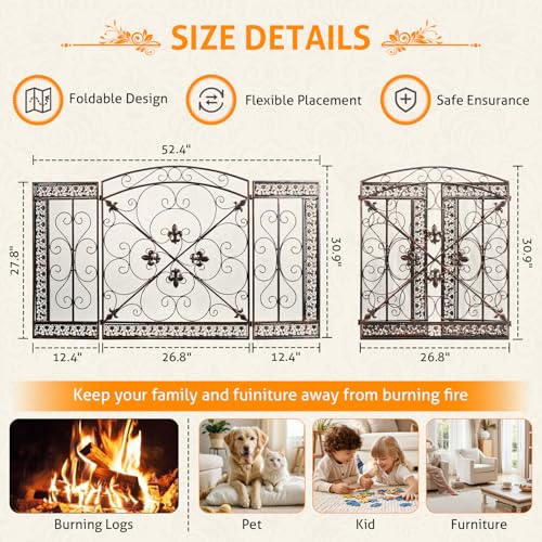 Image of WICHEMI 3 Panel Fireplace Screen for Fireplace Gate Decorative Fireplace Screens Stand Alone 52.4 x 31inch Wrought Iron Black Metal Spark Guard Fireguards Mesh Cover Fence Fire Place Cover (Bronze)