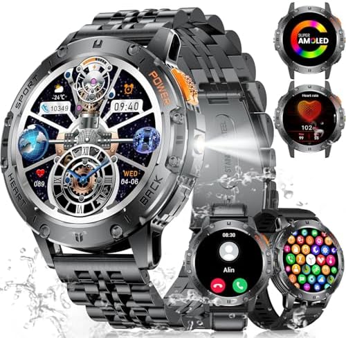 ESFOE Smart Watch for Men with LED Flashlight, 500mAh Battery, 1.43” HD AMOLED Smartwatch with Call/Message Alert, 123 Sport Modes, IP68 Fitness Watch with Heart Rate/Sleep Monitor for Android iOS