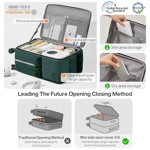 mixi Carry On Luggage with Cup Phone Holder and Charger Hard Shell Suitcases with Spinner Wheels,20 Inch Blackish Green3