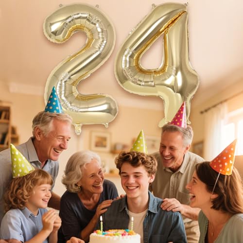 Image of Champagne Gold Large Number 24 Balloon, 40 Inch Light Gold Foil Helium Number Balloons, Giant Mylar Number 24 Balloons for 24 Years Old Birthday Party Anniversary Decorations (Champagne Gold 24)