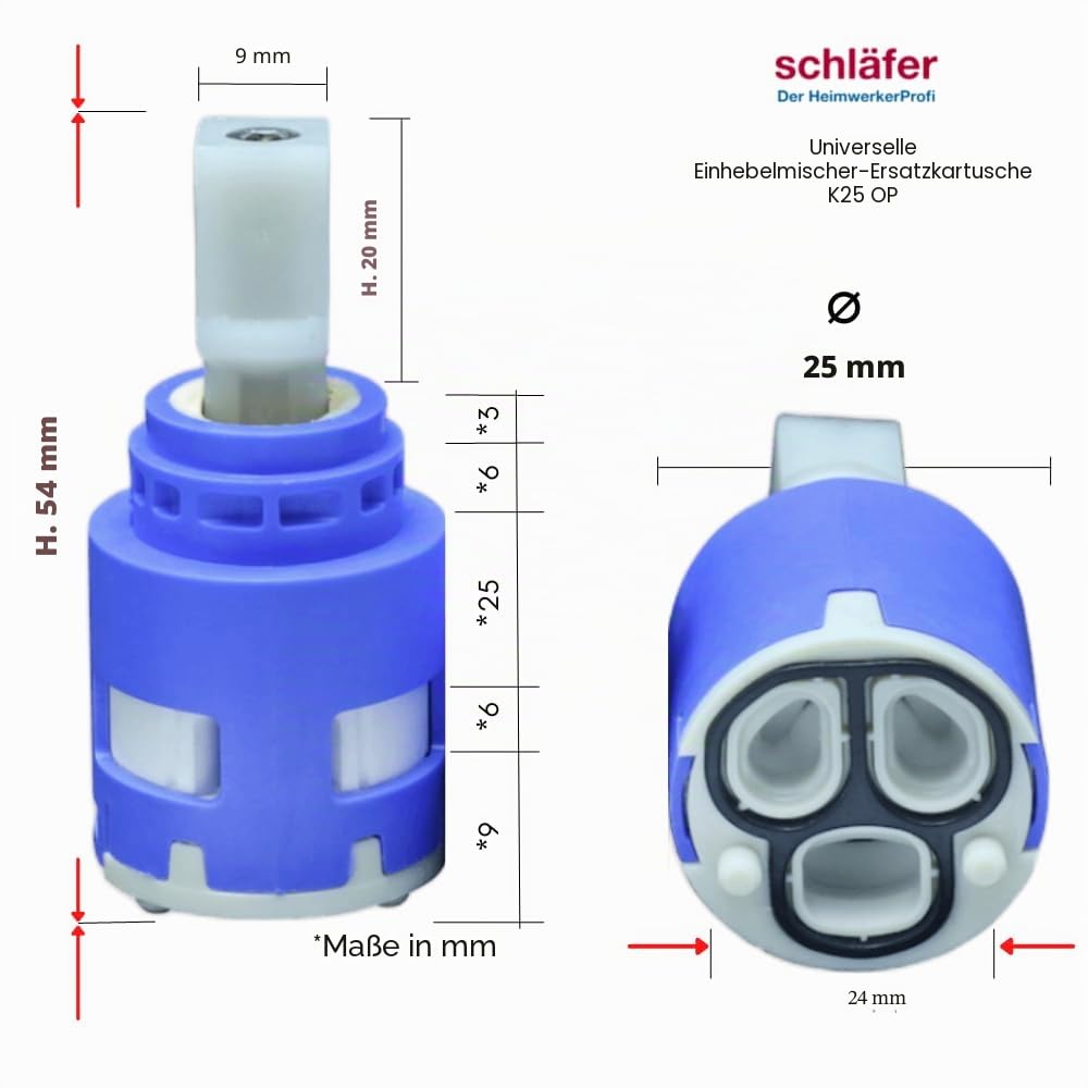 Schläfer 480051 | Universal keramik-ersatzkartusche k25-OPS, Kartusche für Wasserhahn Hochdruck 25mm und Küchenarmatur, Ersatz-Kartusche diam25mm Kerox mit 2 Füße, Hebel aus Kunststoff