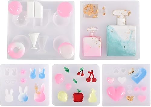 Paquete de 5 moldes de joyería de resina, moldes de silicona para aretes de resina epoxi para hacer joyas de conejo y frutas, adorno creativo de
