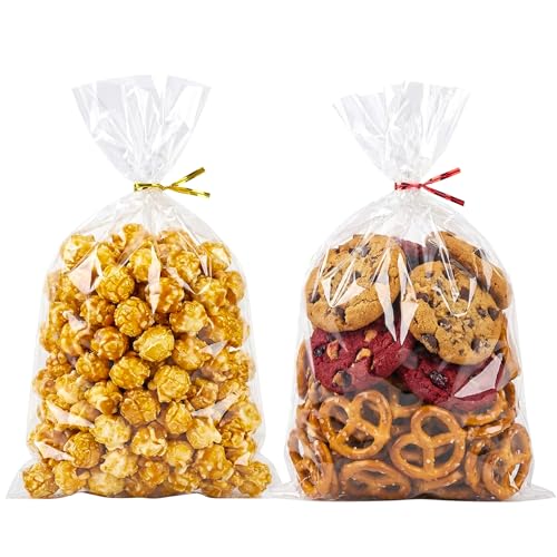 Morepack 6x9 Inches Clear Cellophane Bags 200 Pcs OPP Plastic Treat Bags with 200 Twist Ties for Gift Wrapping Packaging Candies Dessert Bakery Cookies Chocolate Party Favors