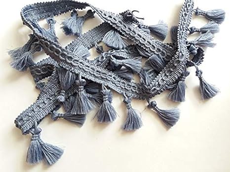 Fringe Tassel Trim Garland Bobble Ribbon Lace Tape with Tassels for Curtains Lampshade Cushion Craft - Sold by The Metre - Dusty Blue
