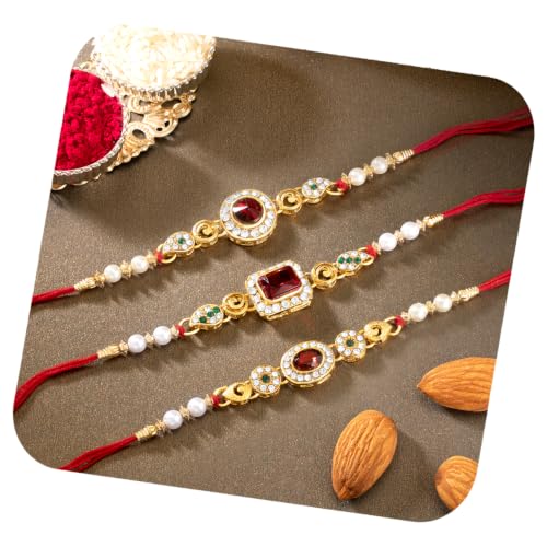 Image of Peora Rakhshabandhan Thread Rakhi for Brother Bhaiya | Crystals & Kundan Studded | Combo, Set of 3 | Rakhi Hamper with Roli Chawal & Greeting Card