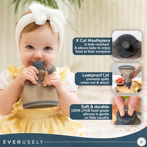 Miniatura 4 de Everusely Bolsas reutilizables de comida para bebés para niños pequeños, paquete de 2, 6 onzas, pizarra, bolsa de silicona exprimible para