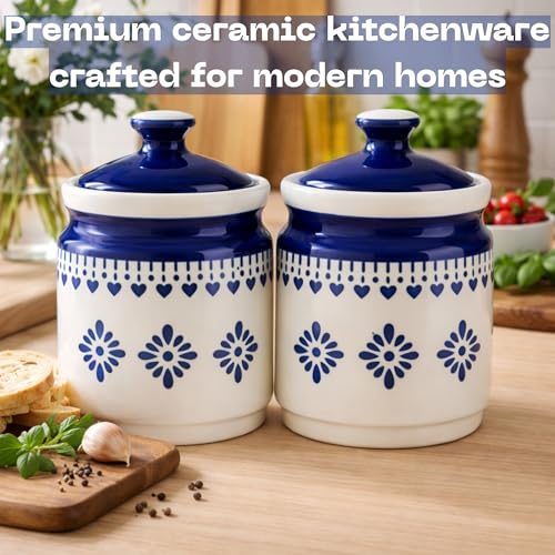 Image of Classyo Ceramic Storage Containers - 600 ml, Salt Container, Pickle Jar with lid, Ceramic Jars for Kitchen Storage for Achar and Namak (Blue Floral, Set of 2)