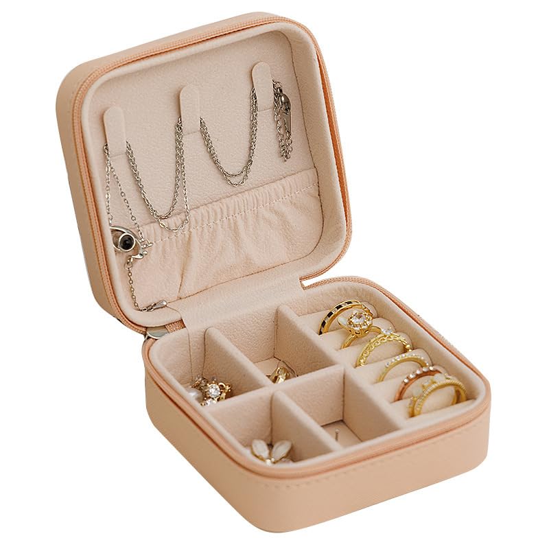 Small Travel Jewelry Box - PU Leather Compact Travel Jewelry Organizer with Zipper Mini Jewelry Travel Case for
