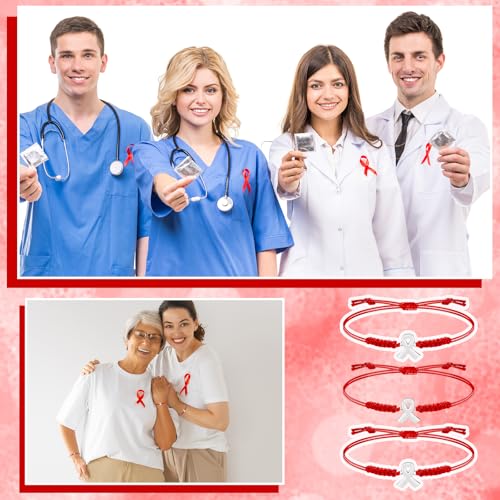 Sasylvia 20 Pcs Red Ribbon HIV/AIDS Awareness Bracelets Blood Cancer Heart Disease Tuberculosis Bracelets Adjustable Cord Heart Health Awareness Gifts for Women Cancer Survivor Fighter Jewelry4