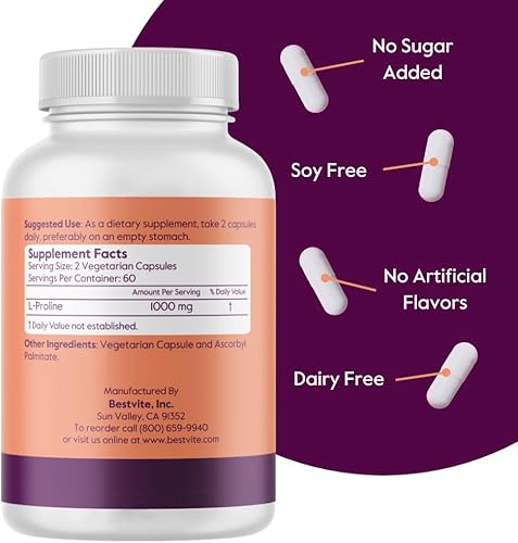 Miniatura 3 de L-Proline 500 mg (240 cápsulas vegetarianas) (120 x 2) - Sin estearatos - Sin rellenos, vegano, sin gluten, sin OMG