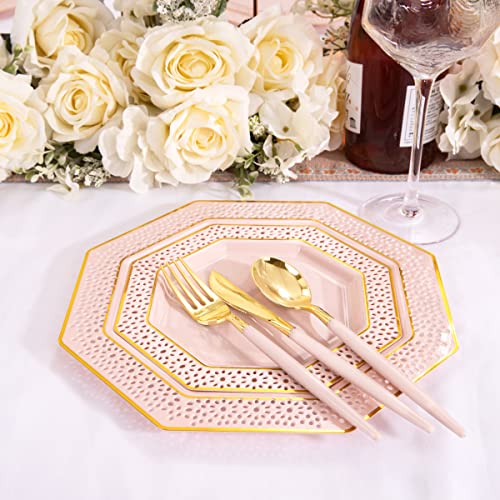 Rubtlamp 125Pcs Pink Plastic Plates, Pink and Gold Plates, Gold Disposable Silverware with Pink Handle,Pink Plastic Dinnerware Include 25Dinner Plates, 25Salad Plates,75Pink Cutlery For Mother's Day - Thumbnail 3