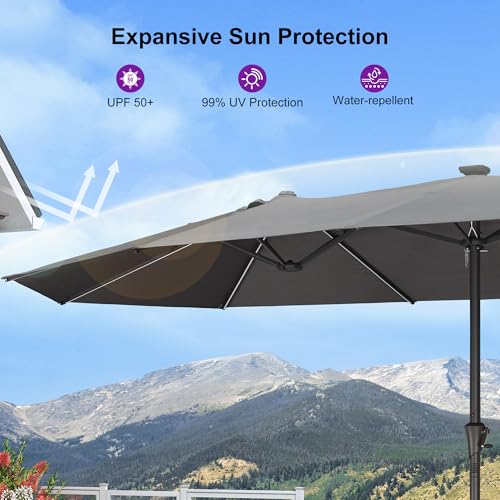 Image of PURPLE LEAF Patio Umbrella 15ft with Base and Solar Lights Outdoor, Grey