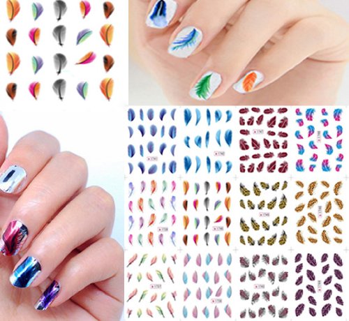 5 Sheets Colorful Feather Water Transfer Nail Art Stickers Leopard Decals