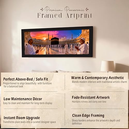Image of PAINTINGMANTRA Makka Madina Kaaba Islamic Arabic Wall Art Framed Luxury Paintings for Home Decoration, Living room, Bedroom and Office Decoration (99x38 CM)