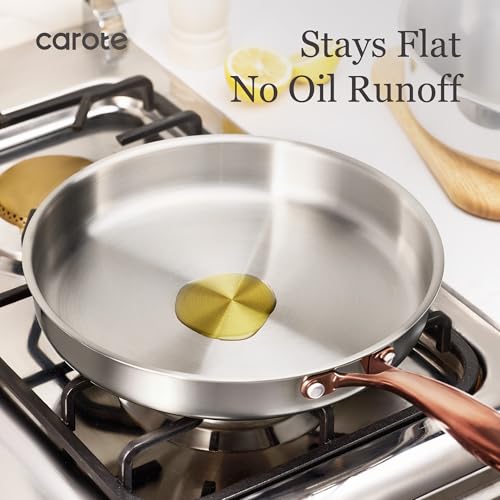 Image of CAROTE 7-Piece Tri-Ply Stainless Steel Frying Pan Set, Skillet Set 8 inch /10 inch /12 inch, Induction Compatible, Oven & Dishwasher Safe, Gold Handle