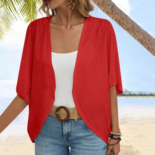 Summer Cardigans for Women Lightweight Kimono Cardigan Short Sleeve Eyelet Loose Fit Beach Wear Casual Cover Up Tops2