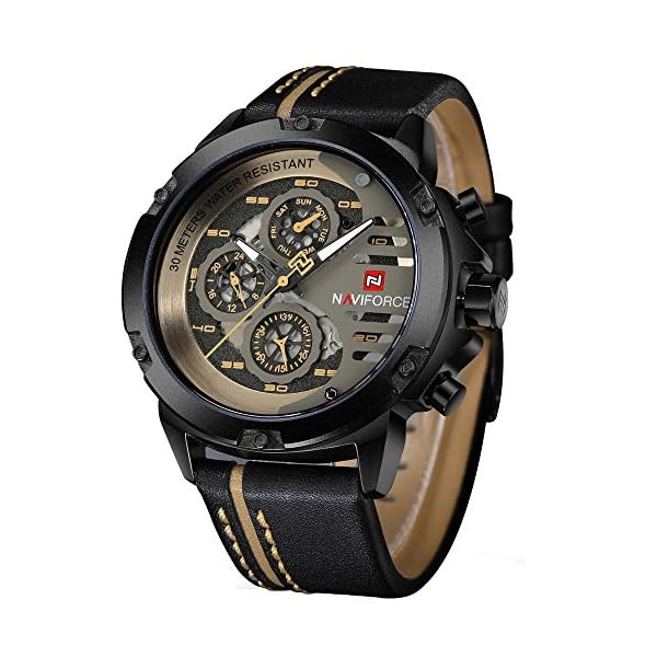 Sport Military Watches for Men Waterproof Watch Analog Quartz Leather Band Date Calendar Clock Wristwatch (Black+Yellow+Brown)