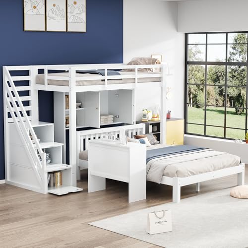 BXEYXE Litera con estante de almacenamiento. 90 x 200 cm+140 x 200 cm. Cama infantil multifuncional. Litera para niños. Con escalera de almacenamiento y mesa auxiliar móvil. Gran espacio de