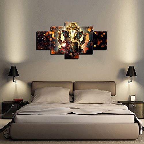 Ganesha Canvas Painting Wall Art For Living Room Office Bathroom Decorative Painting Modern Home Decor 5Pcs Wall Art Print Hindu God Ganesha Elephant Picture Framed Ready To Hang #TOP5