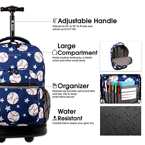 Image of J World Sunrise Kids Rolling Backpack with Wheels for Girls Boys, Roller Bookbag for School, 18 x 13 x 9 Inches, Baseball