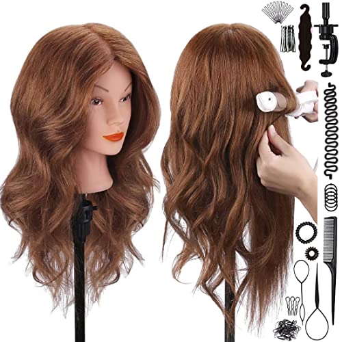 Mannequin Head with 100% Human Hair, SZCY LLC 18' Dark Brown Real Hair Cosmetology Mannequin Head Hair Styling Hairdressing Practice Training Doll Heads with Clamp Holder and Tools