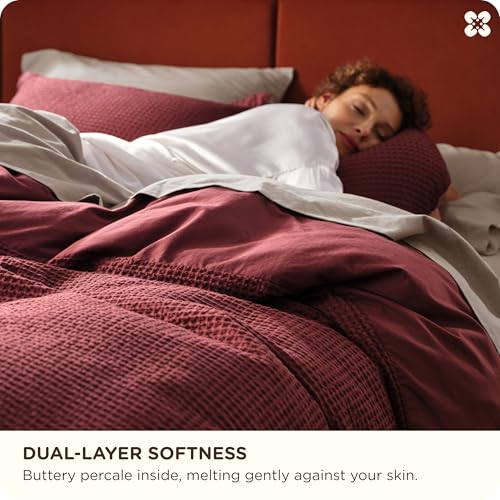 Image of Bedsure Cotton Duvet Cover Queen - 100% Cotton Waffle Weave Maroon Red Duvet Cover Queen Size, PureWoven Breathable Bedding Set for All Season, 3 Pieces, 90 inchx90 inch