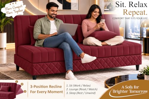 Image of 3-Seater Velvet Sofa Cum Bed | Tufted Convertible Sleeper Sofa | Plush Cushioned Seating | Space-Saving Design for Living Room, Bedroom & Office | Red
