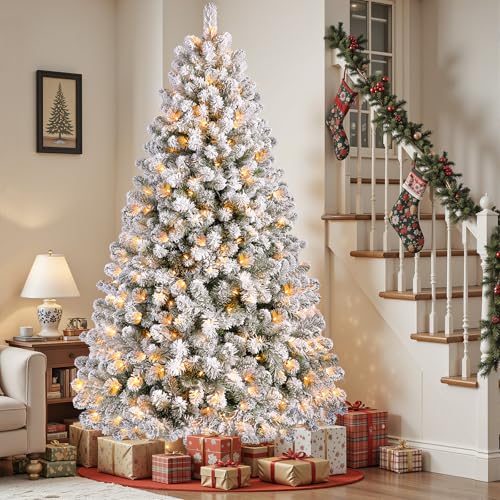 SHareconn 7.5ft Prelit Snow Flocked Spruce Artificial Christmas Tree with 350 Incandescent Warm...