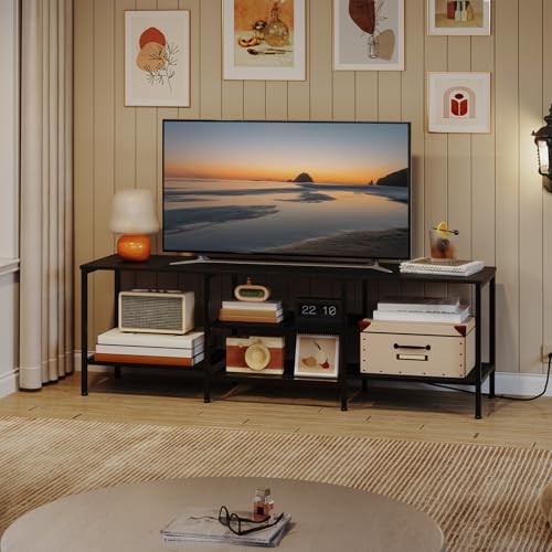 Image of HOOBRO TV Stand with Power Outlets to 75 Inches, TV Console Table with Open Storage Shelves Cabinet, Industrial Media Entertainment Center for Living Room Bedroom, Black BB60DS01