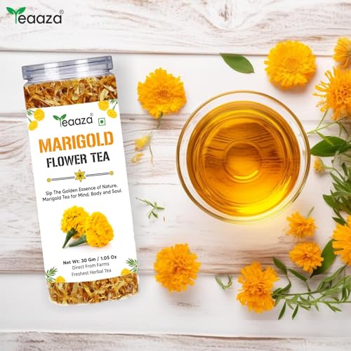 Image of TEAAZA Marigold Flower Tea|Natural Sun Dried Marigold Flower|RELIEVES PAIN|Caffeine Free - Flower Based - Herbal Tea - Gluten Free - Non - Bitter|Marigold Tea Leaves-30 Grams,60 Cups|Reusable Pet Jar