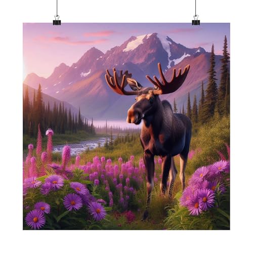 A Moose Beside Asters in Alaska - Matte Poster 18x18 inch - Made in USA
