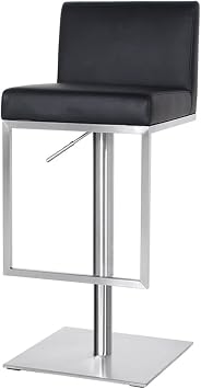 Black High Back Bar Stool, Adjustable Height Kitchen Island Swivel Chair, Counter Height, PU Leather Stainless Steel with Footrest, Suitable for Kitchen Island, Dining Room, Leisure