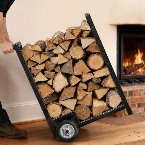 Almacenamiento de troncos para interiores con ruedas, soporte rodante para leña para chimenea, almacenamiento de madera extraíble con marco de metal resistente, revestimiento duradero, patas de goma