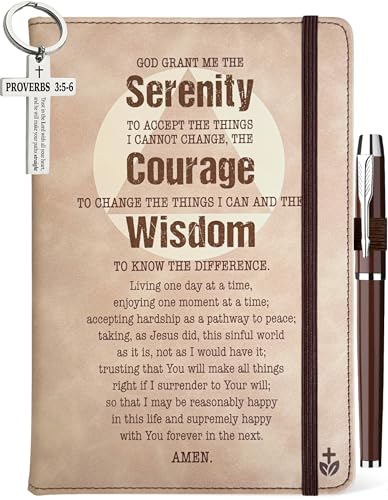 Serenity Prayer Gifts Leather Journal 200 Pages Engraved Notebook A5 Lined with Pen and Keychain, Sobriety Gift for Men Women, Addiction Recovery AA NA Gifts, Clean And Sober Encouragement Gifts