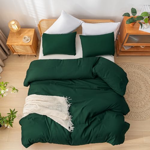 Image of weigelia Queen Comforter Set Boho Emerald Green Comforter with 2Pillowcases Soft Microfiber Dark Green 3 Piece Bedding Comforter Set for All Season