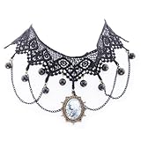Yazilind Lolita Goth Black Lace Choker Velvet Necklace Victorian Cameo Beads Tassels