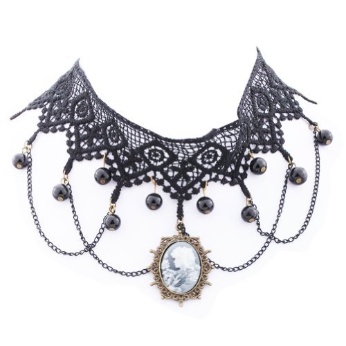 Yazilind Lolita Goth Black Lace Choker Velvet Necklace Beads Tassels