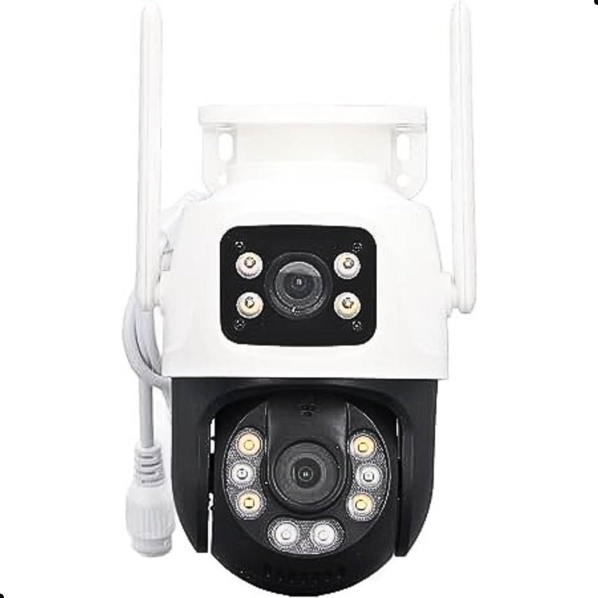 Genérico A28b outdoor security camera mounted on a red wooden wall, showing its dual lenses and antennas.
