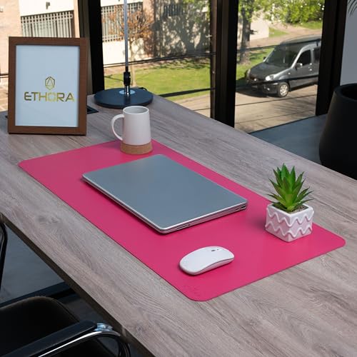 ETHORA Desk Mat -Computer Desk mat with Non Slip Suede Bottom with Stitched Edges- Waterproof - Leather Desk pad PU Desk Cover for Home, Mouse, Makeup Mat for Vanity (Pink, 31.5 x 15.7)