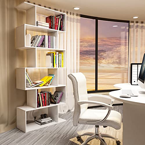 Boloni White Bookshelf With 2 Bookends, 6 Tier Modern Bookshelf, 76In Tall Geometric Bookcase, Freestanding Lego Display Shelves, White Bookcase #TOP1