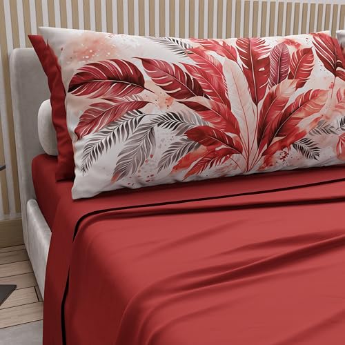 PETTI Artigiani Italiani - Lenzuola in Cotone con Federe in Stampa Digitale, Lenzuolo Singolo, Completo Letto Fantasia Palma Rosso, 100% Made in Italy